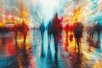 This image depicts a dynamic city scene with blurred pedestrian figures and vibrant light trails against a backdrop of urban architecture - Powered by Adobe