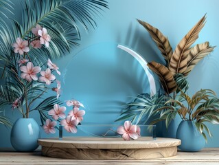 A mockup stage design. A round wooden table with a mirror and plants in the background