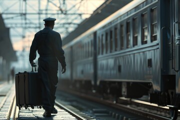 A man in a suit case walking on train tracks. Suitable for transportation concepts - Powered by Adobe
