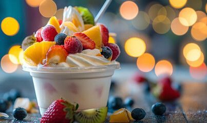 Fresh berries with frozen yogurt on wooden background. Creamy vanilla frozen yogurt with berries and fruits. creamy ice yoghurt. Copy space. Place for text.