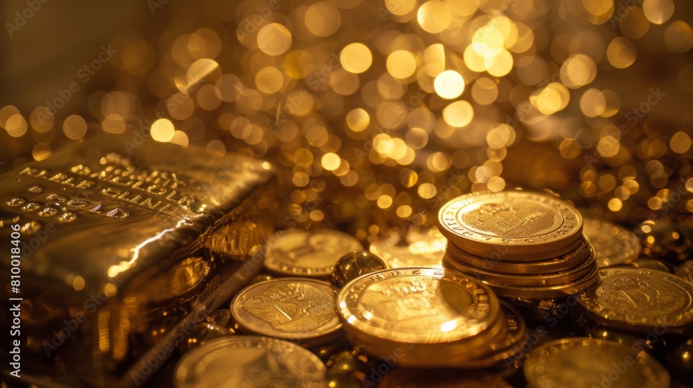 Poster a collection of shiny gold coins piled up with a single gold bar beside them.