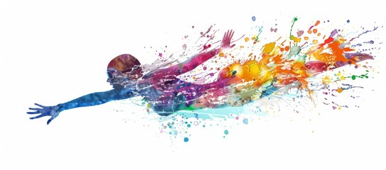Watercolor painting of a female swimmer with splashes in the air against a white background Generative AI