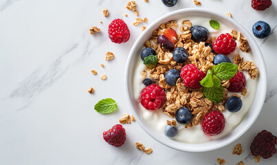 Yogurt with granola and fresh berries. Greek Yogurt with wild organic berries and oatmeal on a wooden table. Farm healthy homemade yogurt. Diet food. Healthy breakfast. Place for text. - Powered by Adobe