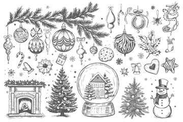 Naklejka premium Christmas set in sketch style. Hand drawn illustration. 