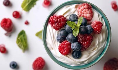 Yogurt with fresh raspberries and blueberries. Greek Yogurt with wild organic berries. Farm healthy...