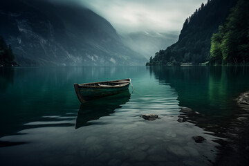 Tranquil mountain lake landscape. A lone boat floats on a still lake surrounded by majestic mountains. Lush green forests cloak the mountainsides, creating a scene of serene natural beauty