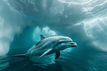 A breathtaking underwater perspective of a dolphin near ice caves offers a sense of exploration
