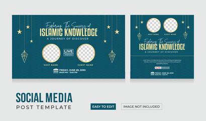 Islamic Webinar social media post. Set of social media post templates on luxury background design. Islamic live webinar podcast cover social media post design. Eps vector illustration.