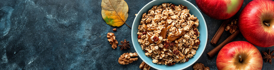 Obraz premium Yogurt with granola and fresh berries. Greek Yogurt with wild organic berries and oatmeal on a wooden table. Farm healthy homemade yogurt. Diet food. Healthy breakfast. Place for text.