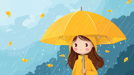 Kid girl in a yellow raincoat under umbrella Vector 