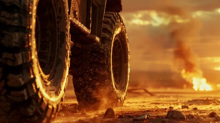Close-up of muddy tires on a 4x4 vehicle against a fiery sunset backdrop