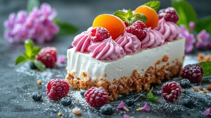  Cake with raspberries, whipped cream, leaves, and flowers