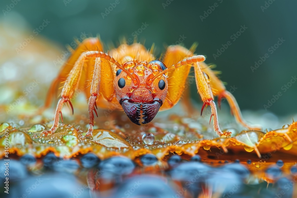 Poster macro view of an orange ant with vivid details and drops of dew surrounding the insect