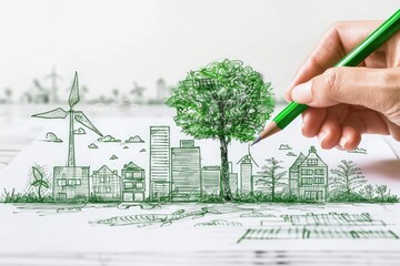 Person sketching a sustainable green city concept with eco friendly homes and a big tree and windmill and solar cell on paper.