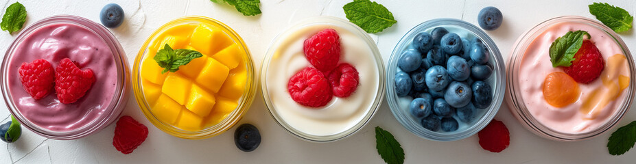 Yogurt with fresh raspberries and blueberries. Greek Yogurt with wild organic berries. Farm healthy homemade yogurt on texture table. Diet food. Healthy breakfast. Place for text. - Powered by Adobe