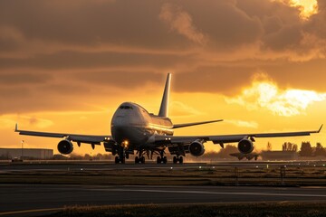 A majestic airplane illuminated by the setting sun as it prepares for takeoff on a runway.