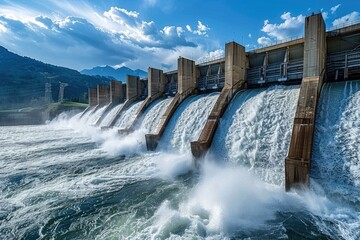 A majestic hydroelectric dam with cascading water, generating clean electricity through renewable resources.