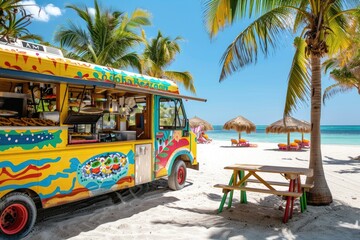 A vibrantly colored food truck serving tacos on a sunny beach, with palm trees swaying and beach umbrellas in the distance.