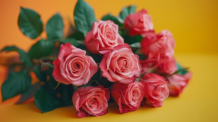 Pink roses on a yellow background.