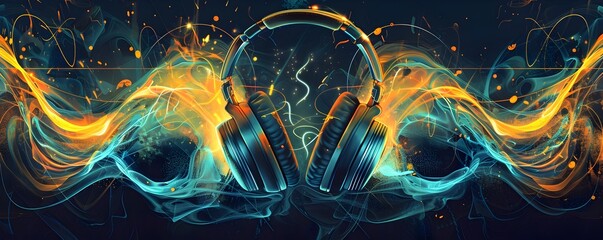 Soulful Serenade Vibrant Headphones Surrounded by Flowing Equalizer Waves