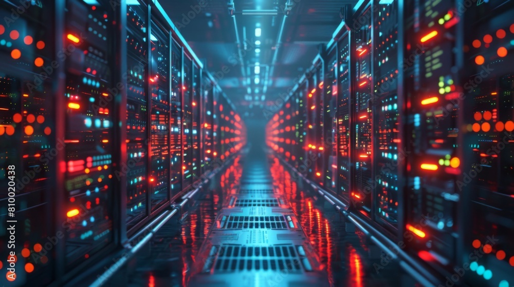 Aufkleber Aisle between advanced server racks glowing with LED lights in a high-tech data center.