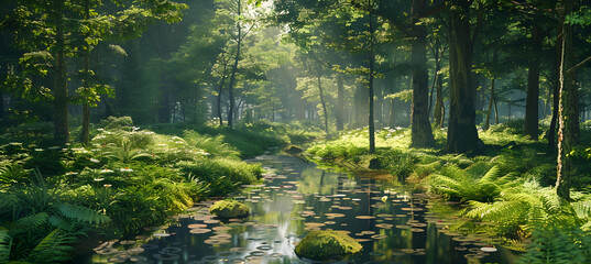 A late summer's day in a deciduous forest, showcasing a tranquil stream lined with lush, green vegetation and dappled sunlight creating patterns on the water's surface