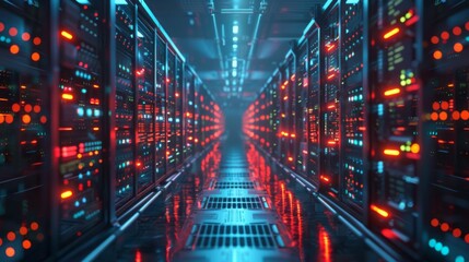 Obraz premium Aisle between advanced server racks glowing with LED lights in a high-tech data center.