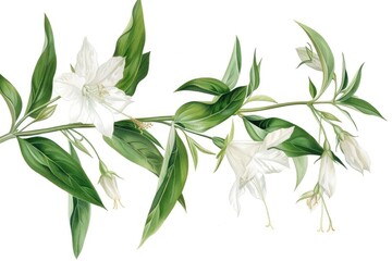 Fototapeta premium A beautiful painting of white flowers and green leaves. Perfect for home decor or botanical designs
