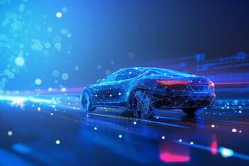 A blue digital image of a car moving, could be used for design and technology testing, as well as manufacturing industry.