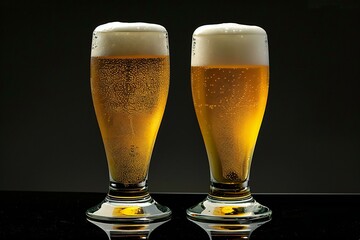 Two glasses of beer with foam on a black background close-up