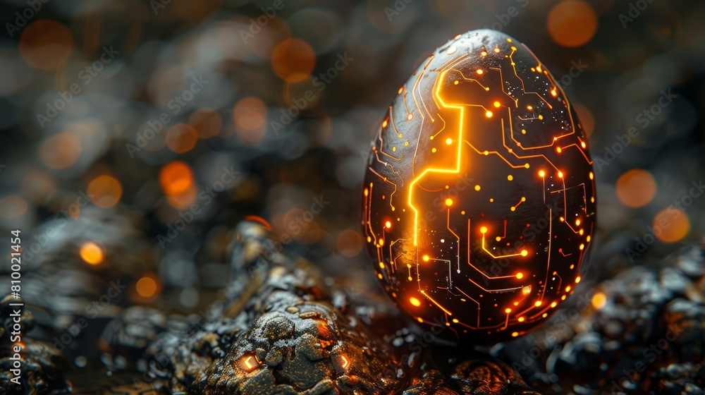 Poster futuristic glowing egg with circuit patterns on textured background