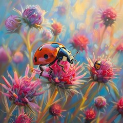 Beautiful ladybug on a flower,  Digital painting in oil
