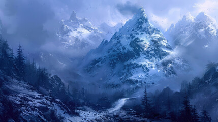 A lone wanderer trudges through the snow-covered mountain pass. 