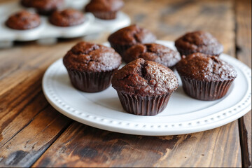 mini chocolate muffins on a white plate on a wooden table