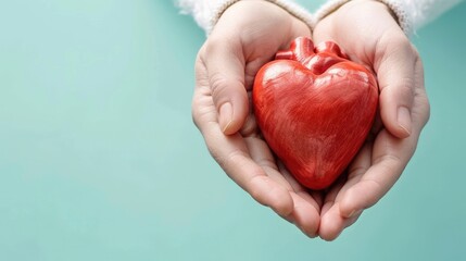 A person is holding a red heart-shaped object in their hands. The background is a light blue color.