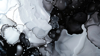 Abstract alcohol ink painting with pearl white and jet black, textured oil paint finish.