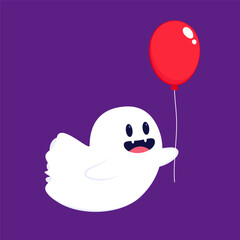 Cute ghost floating with Halloween pumpkin basket for Trick or Treat. Funny spooky boo character. Spook phantom with happy smiling face expression. Isolated kids flat vector illustration.