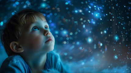 A pre-school boy is looking at the starry sky lamp flashes in a dark environment. A 4 age boy is getting ready for bed