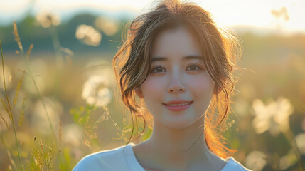 A beautiful girl with long brown hair is standing in a field of tall grass. 