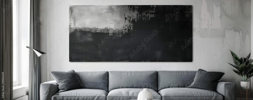 Aufkleber abstract minimalist art print with monochrome palette displayed on a gray couch adorned with gray pi