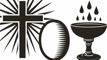 Minimalist black and white vector illustration depicting bread and wine alongside wheat, symbolizing the Body and Blood of Christ in Christian Eucharist.