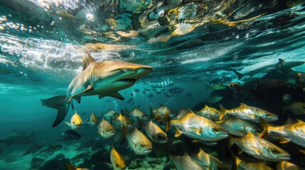 A shark swims near a school of fish. The shark is in the foreground and the fish are in the...