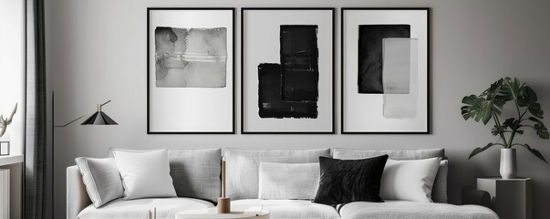 abstract minimalist art print with monochrome palette displayed on a white couch adorned with black...