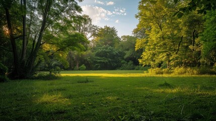 Beautiful park with a meadow and wooded area at sunrise in high resolution and high quality. concept parks, meadow