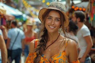 A cheerful young woman in a straw hat smiles brightly at a vibrant street fair, embodying the joy of summer.