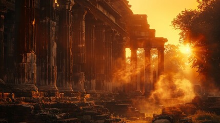 Warm sunset light filters through crumbling columns of an ancient temple.