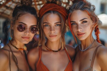 Three young women with striking features and summer outfits pose together at a bustling market, showcasing friendship and style.