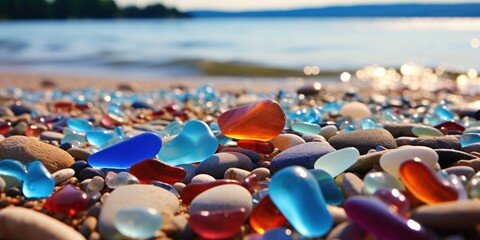 Colorful Sea Glass And Smooth Stones. Sea Glass Jewels On Ocean Shore Pebbles. Coastal Landscape. Generative AI