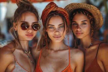 Three young women with striking features and summer outfits pose together at a bustling market, showcasing friendship and style.