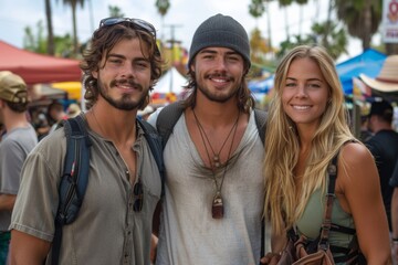 Three friends, radiating happiness, gather close for a group photo at a bustling street fair.